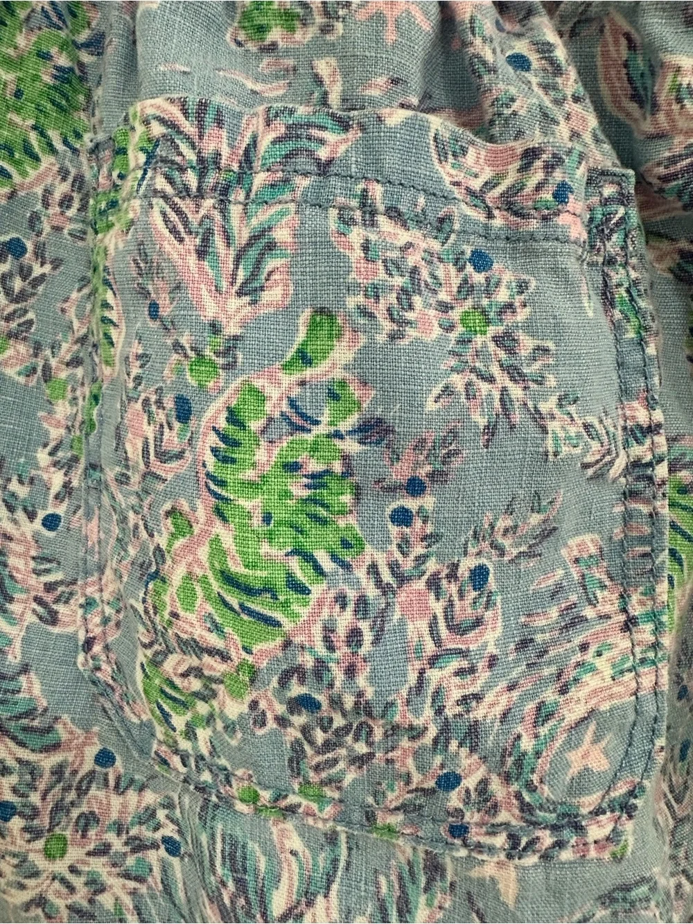 Lilly Pulitzer Taron Pants Women’s Large 100% Linen Blue Tropical Beach Print